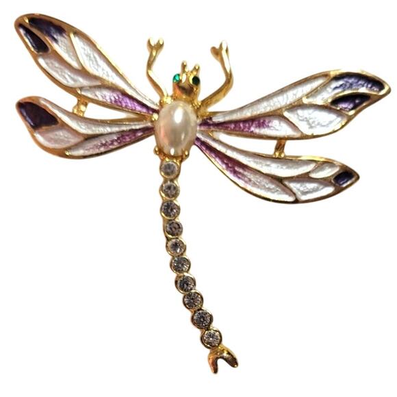 Vtg Unsigned Carucci Dragonfly Purple Enamel Faux Pearl Rhinestone Brooch 2" - Picture 5 of 6